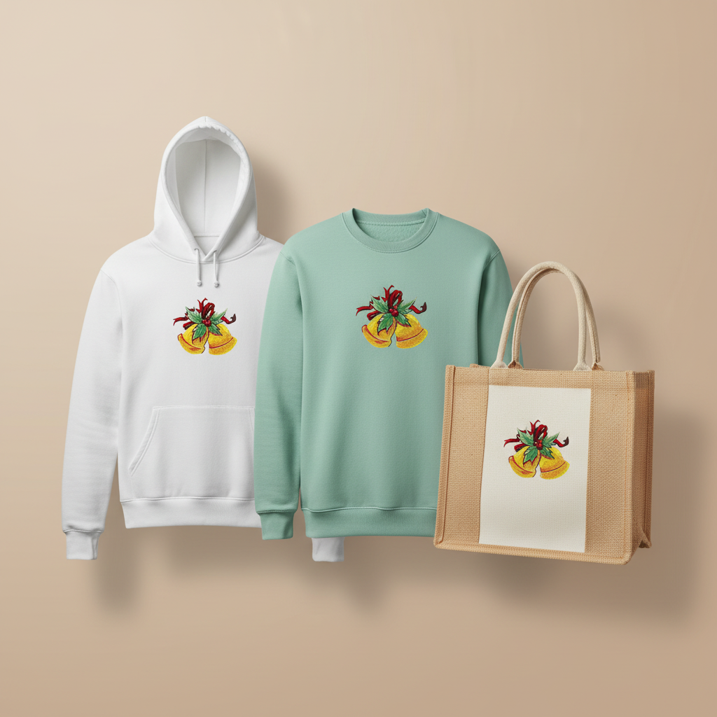 Holiday Bells with Holly & Ribbon Machine Embroidered Sweatshirt – Hand Finished in Dubai | EmbroMania