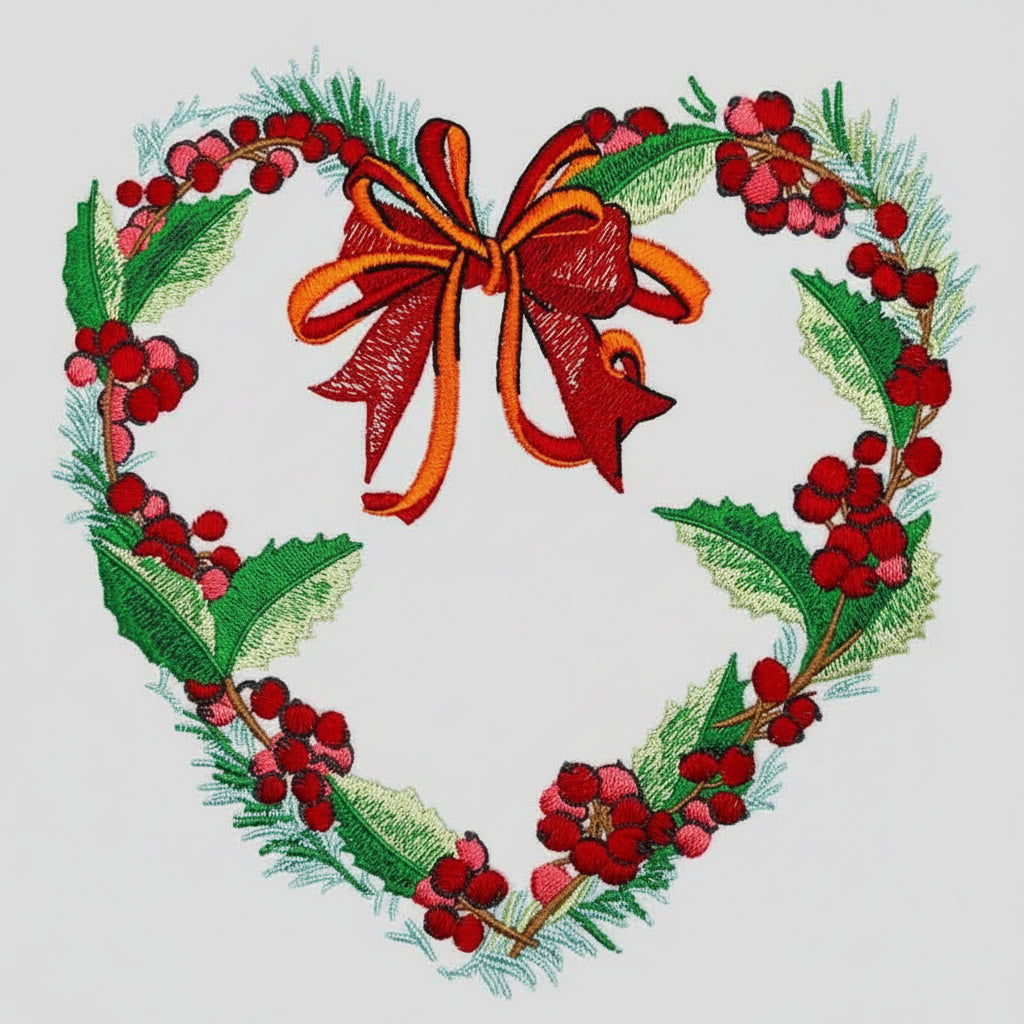 Holly Heart Wreath with Bow Machine Embroidered Sweatshirt – Hand Finished in Dubai | EmbroMania
