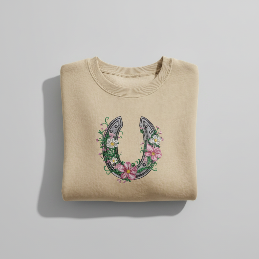 Floral Horseshoe Machine Embroidered Sweatshirt – Hand Finished in Dubai | EmbroMania