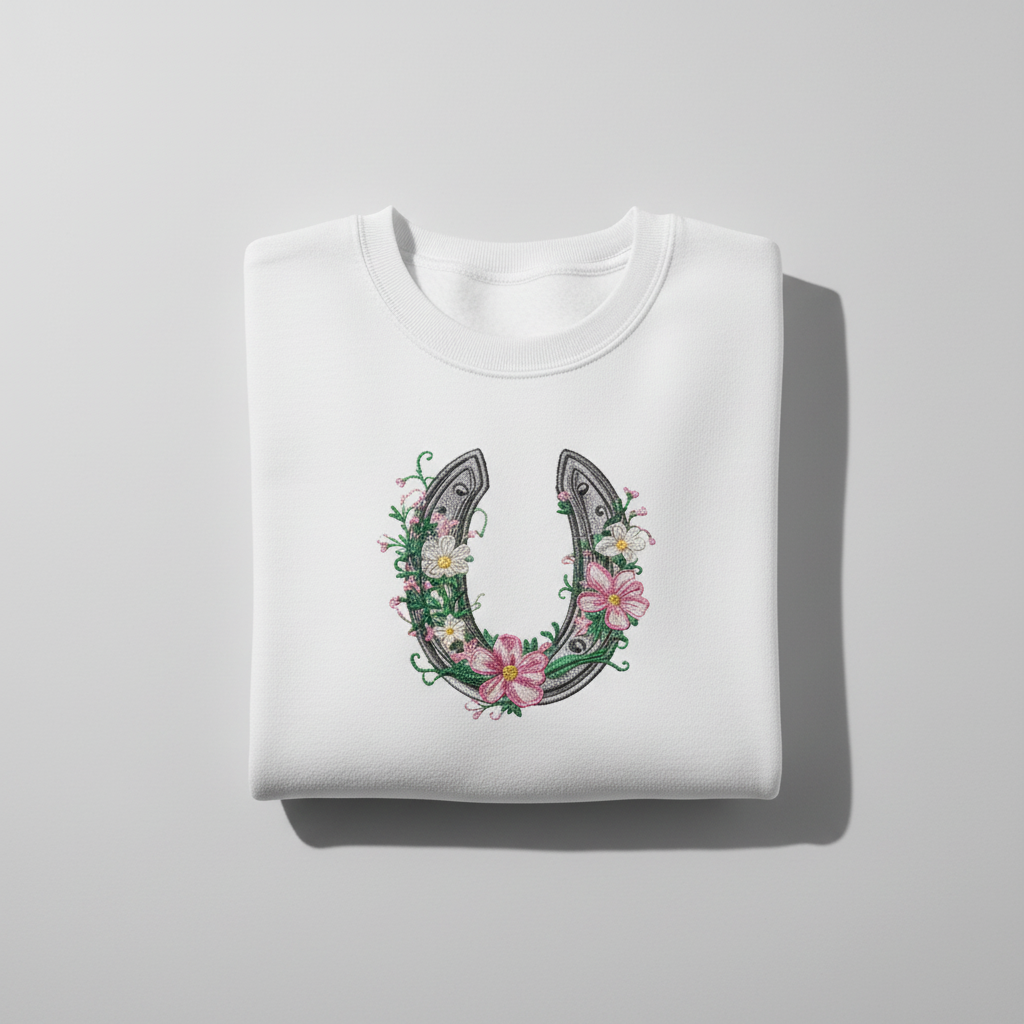 Floral Horseshoe Machine Embroidered Sweatshirt – Hand Finished in Dubai | EmbroMania