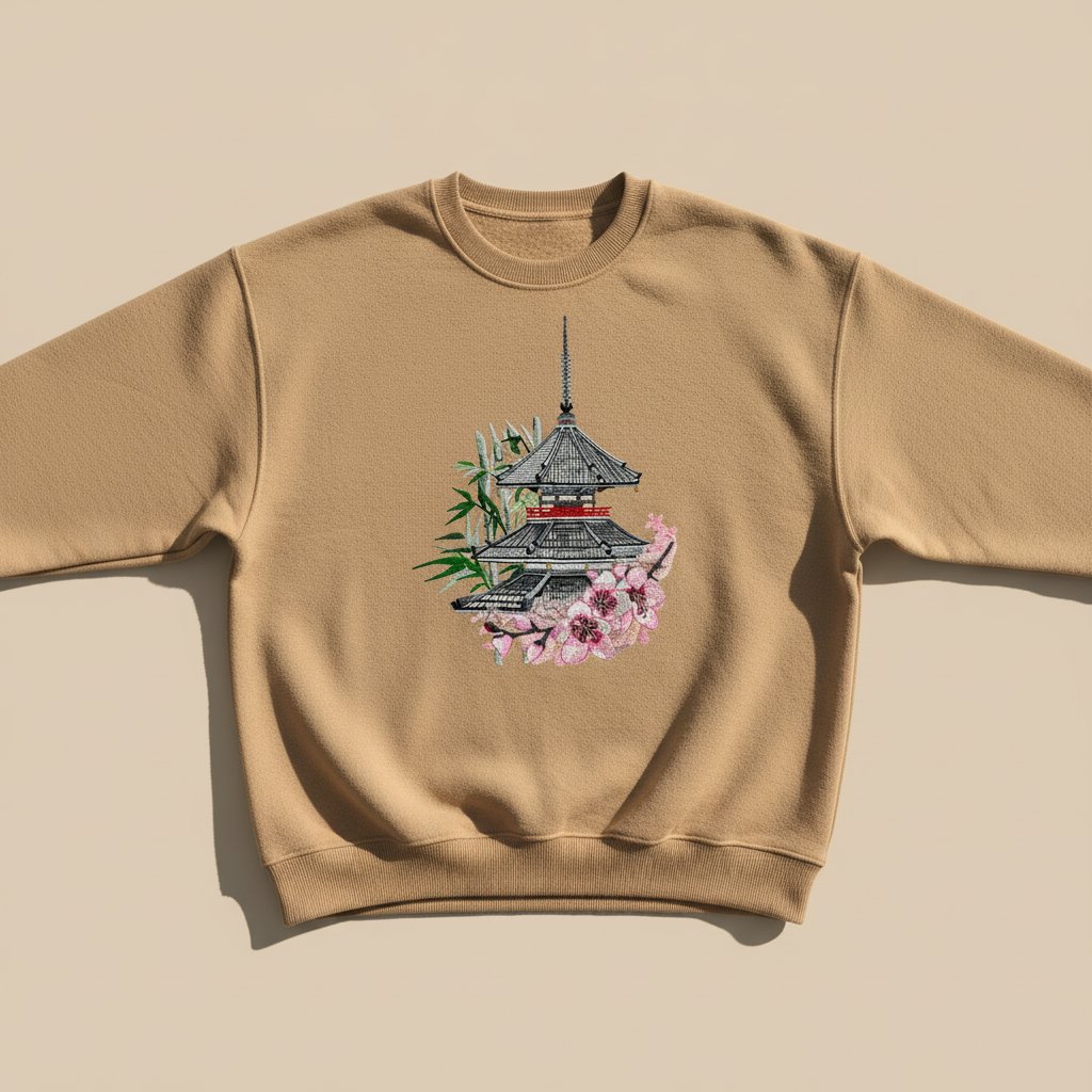 Zen Pagoda &amp; Sakura Machine Embroidered Sweatshirt – Hand Finished in Dubai | EmbroMania