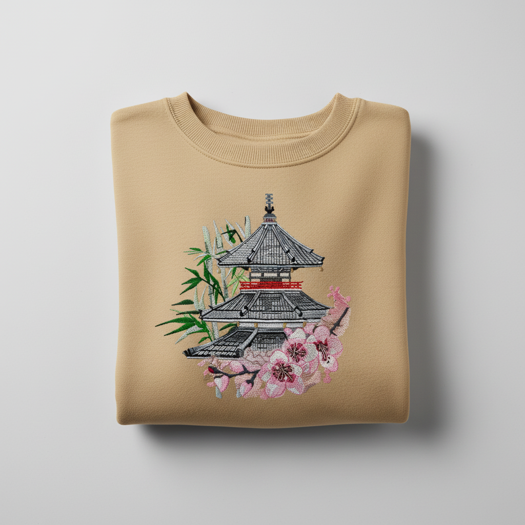 Zen Pagoda &amp; Sakura Machine Embroidered Sweatshirt – Hand Finished in Dubai | EmbroMania