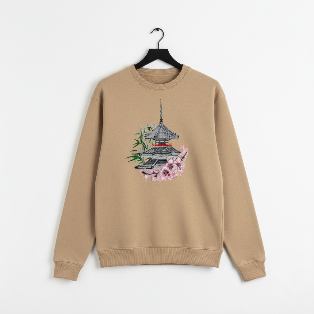 Zen Pagoda &amp; Sakura Machine Embroidered Sweatshirt – Hand Finished in Dubai | EmbroMania