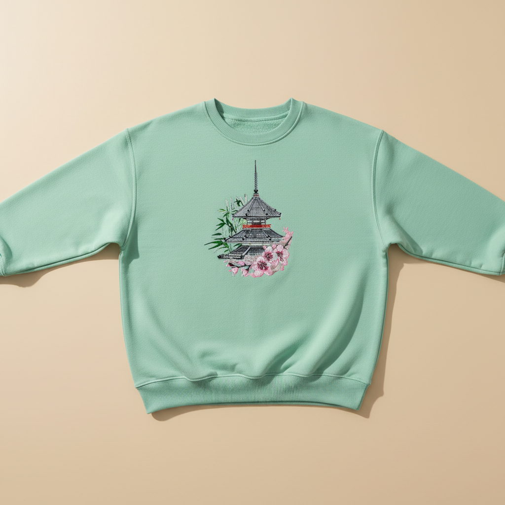 Zen Pagoda &amp; Sakura Machine Embroidered Sweatshirt – Hand Finished in Dubai | EmbroMania