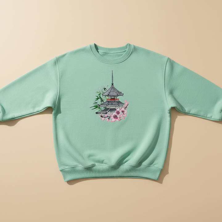 Zen Pagoda &amp; Sakura Machine Embroidered Sweatshirt – Hand Finished in Dubai | EmbroMania