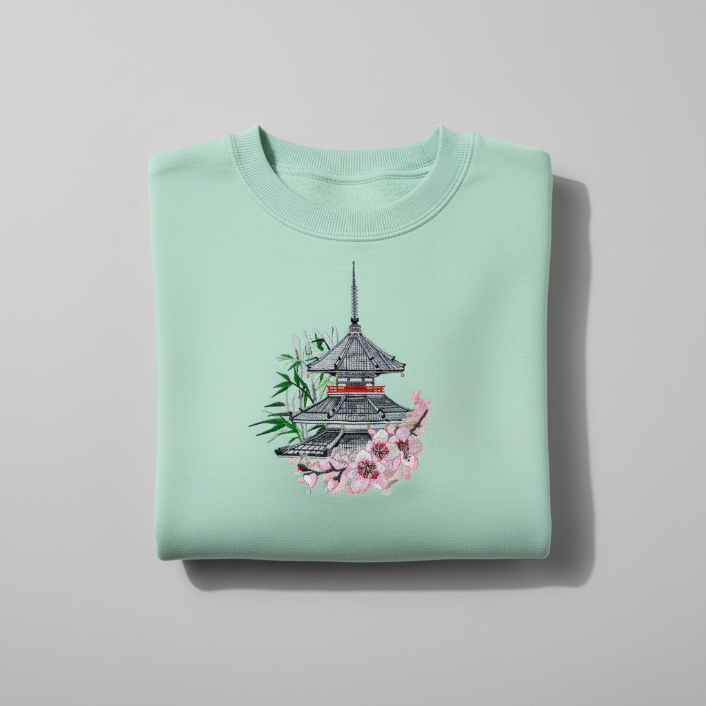 Zen Pagoda &amp; Sakura Machine Embroidered Sweatshirt – Hand Finished in Dubai | EmbroMania
