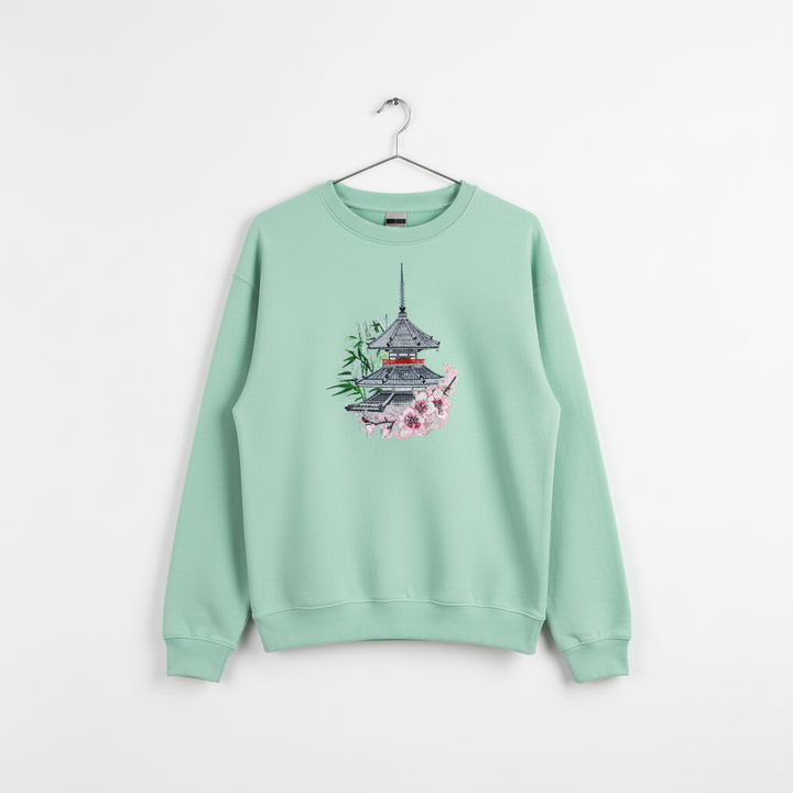 Zen Pagoda &amp; Sakura Machine Embroidered Sweatshirt – Hand Finished in Dubai | EmbroMania