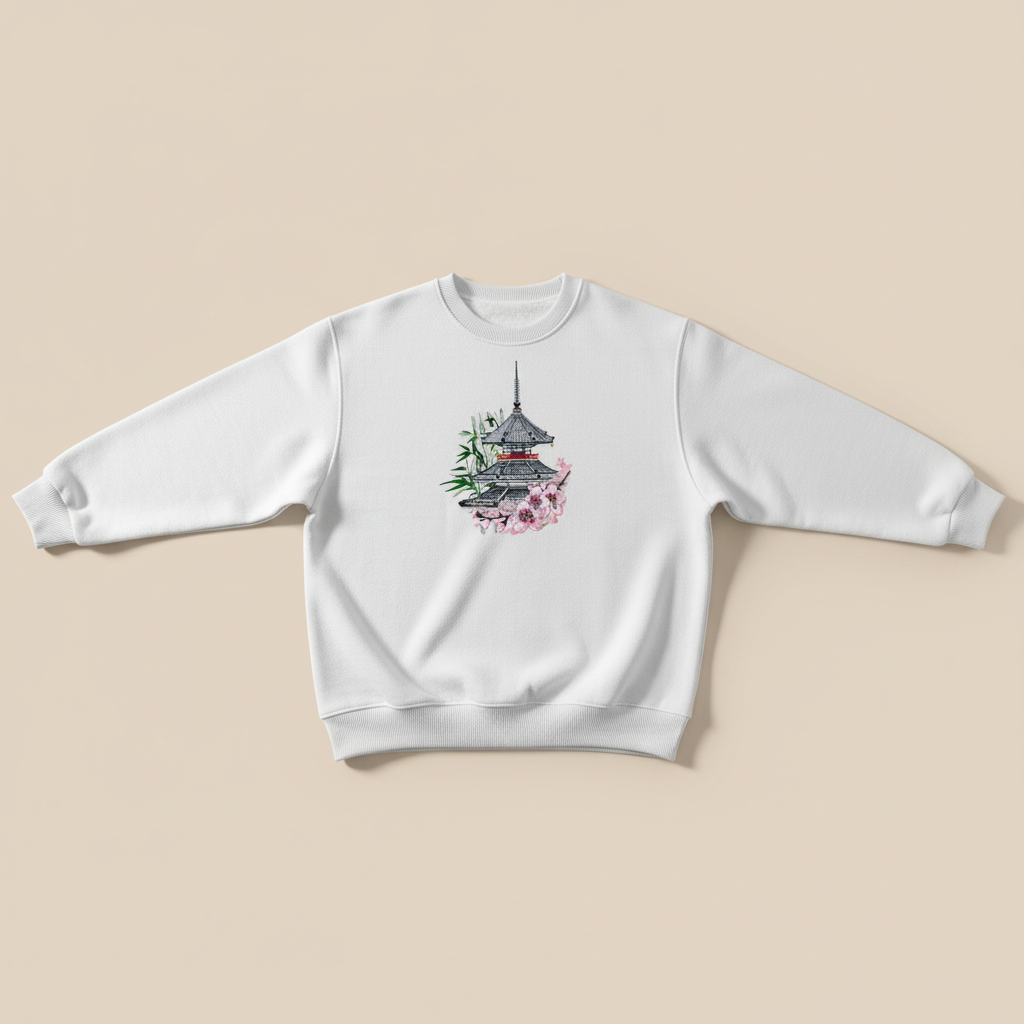 Zen Pagoda &amp; Sakura Machine Embroidered Sweatshirt – Hand Finished in Dubai | EmbroMania