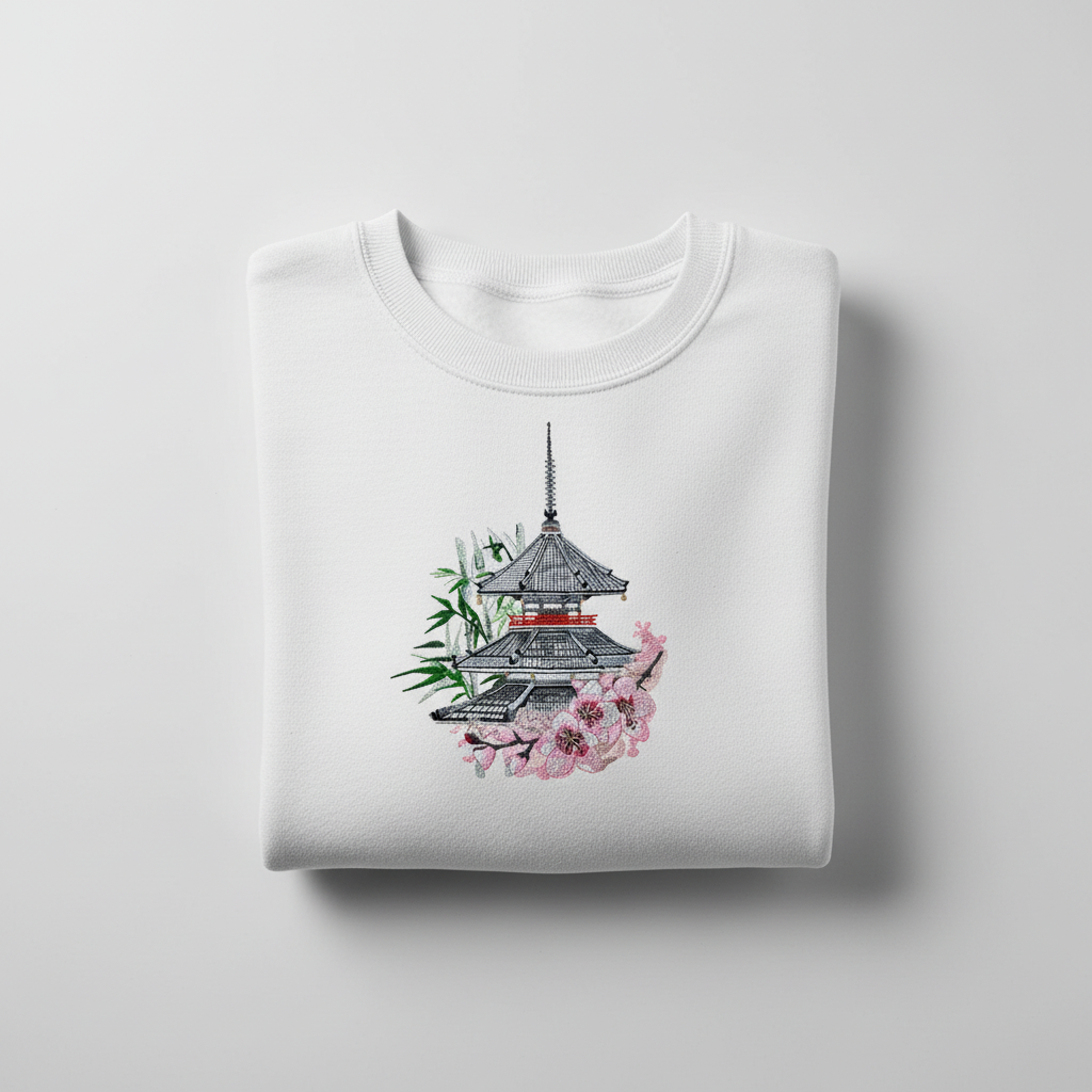 Zen Pagoda &amp; Sakura Machine Embroidered Sweatshirt – Hand Finished in Dubai | EmbroMania