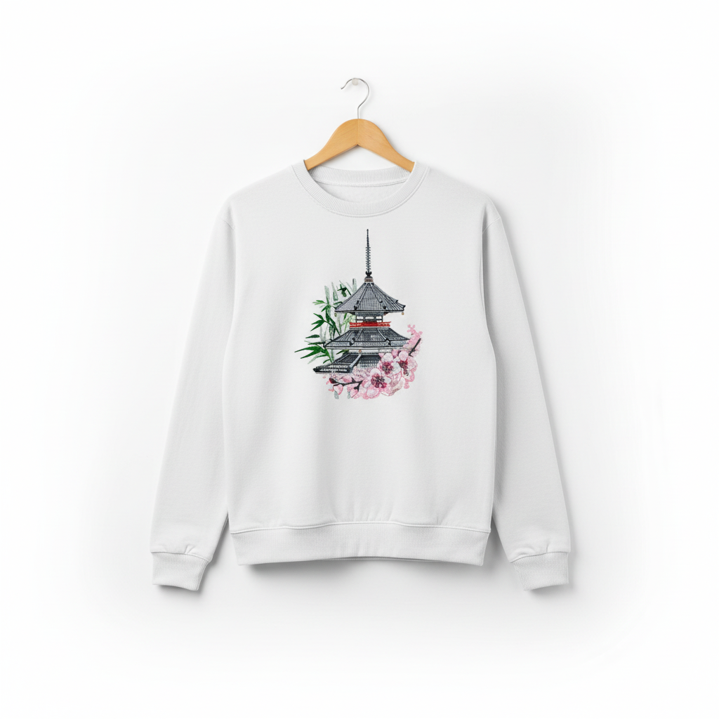 Zen Pagoda &amp; Sakura Machine Embroidered Sweatshirt – Hand Finished in Dubai | EmbroMania