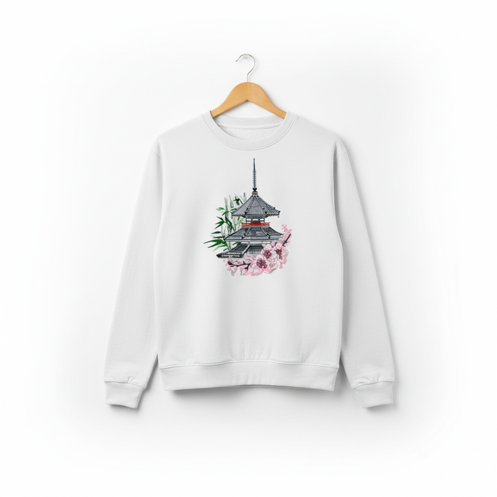 Zen Pagoda &amp; Sakura Machine Embroidered Sweatshirt – Hand Finished in Dubai | EmbroMania