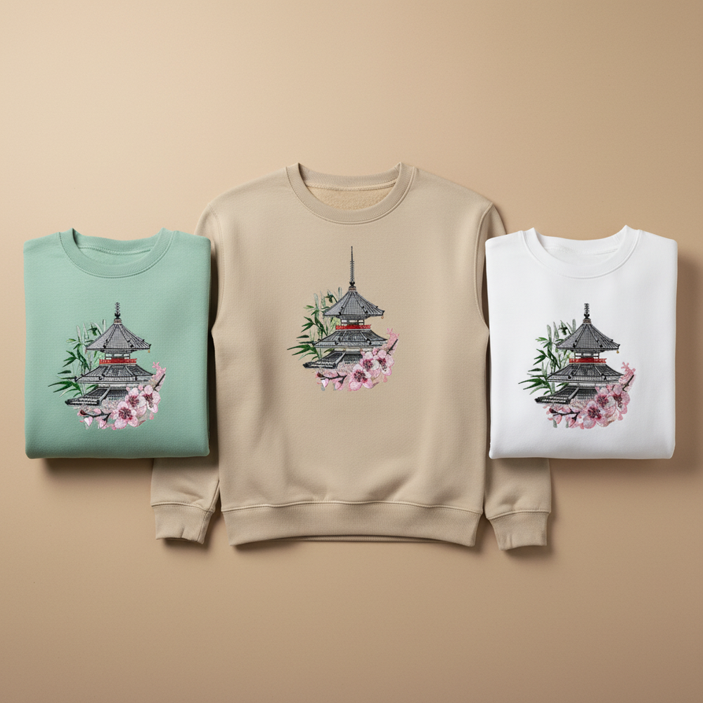 Zen Pagoda & Sakura Machine Embroidered Sweatshirt – Hand Finished in Dubai | EmbroMania