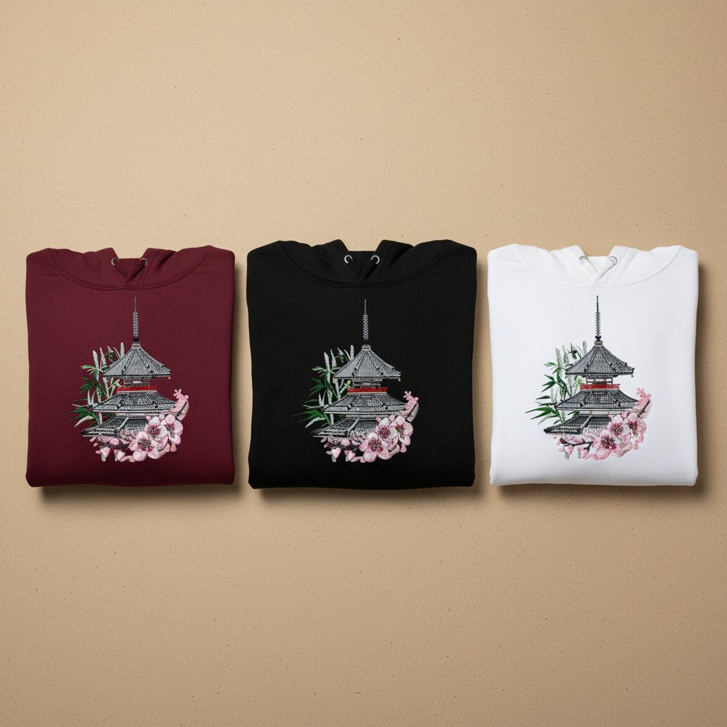 Japanese Pagoda Sakura Machine Embroidered Hoodie – Hand Finished in Dubai | EmbroMania