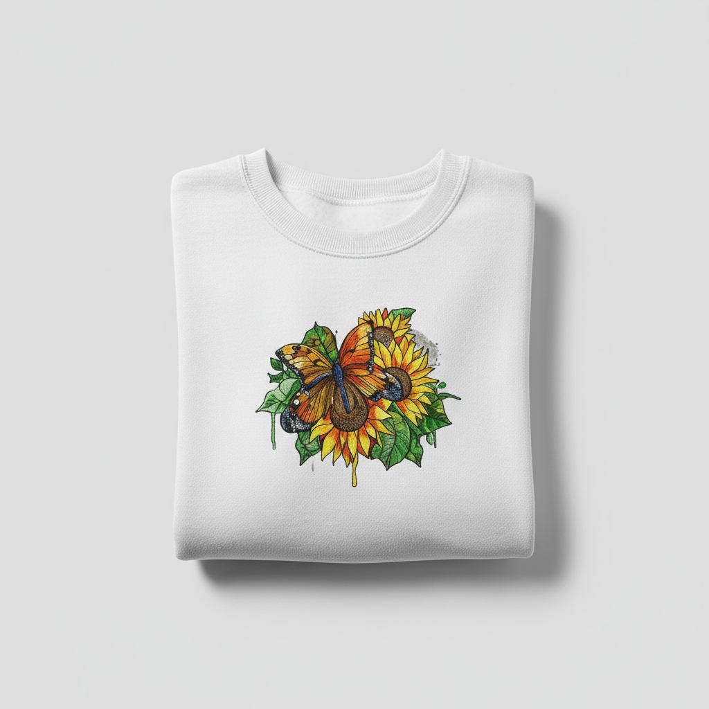 Sunflower Butterfly Machine Embroidered Sweatshirt – Hand Finished in Dubai | EmbroMania