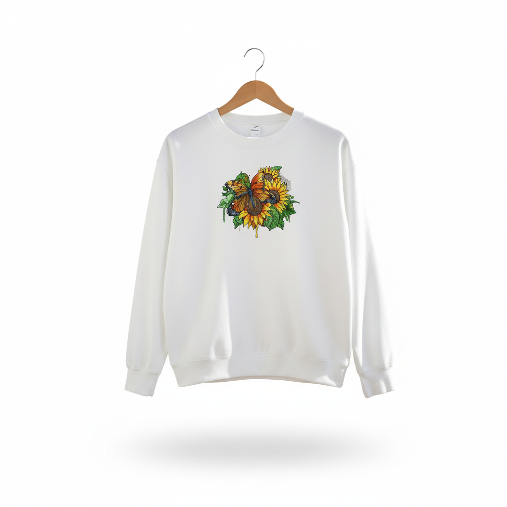 Sunflower Butterfly Machine Embroidered Sweatshirt – Hand Finished in Dubai | EmbroMania