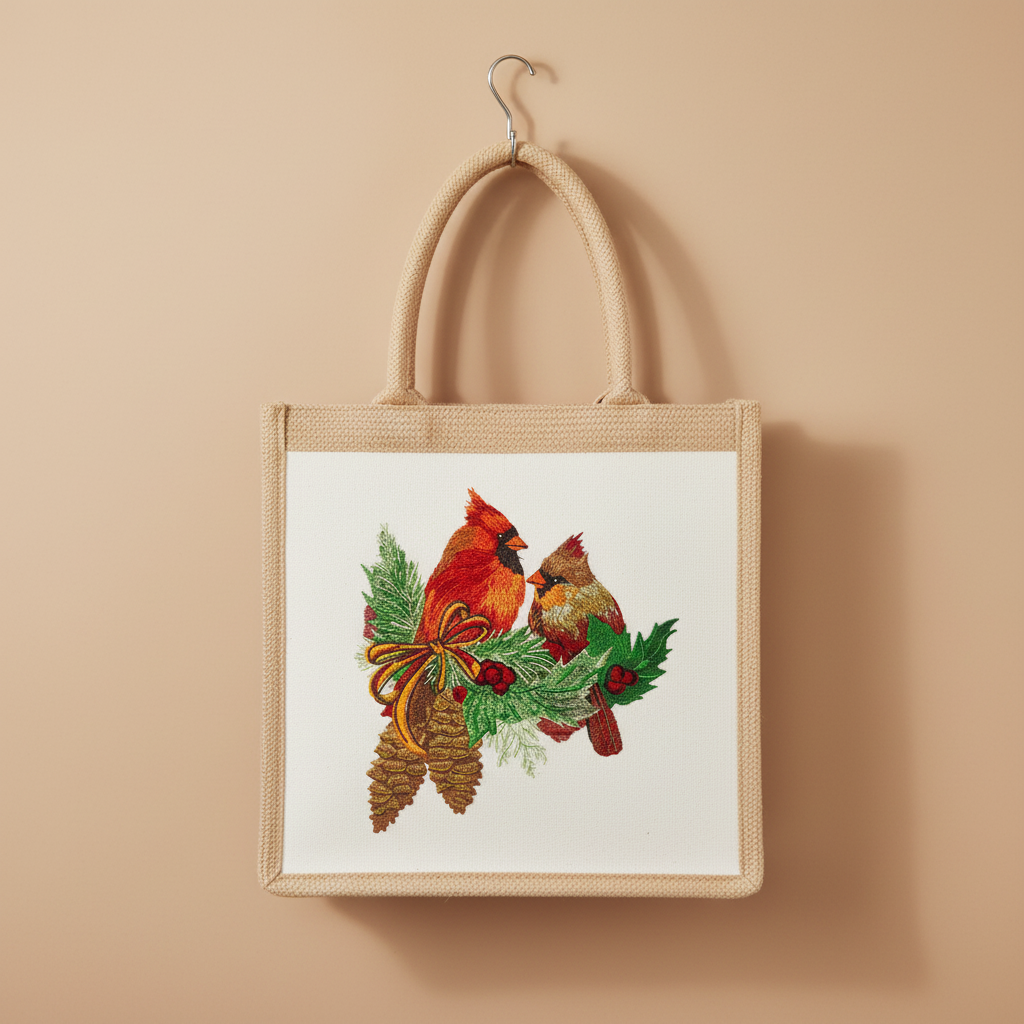 Cardinal Pair with Pinecones Machine Embroidered Sweatshirt – Hand Finished in Dubai | EmbroMania