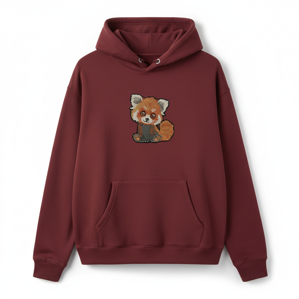Kawaii Red Panda Machine Embroidered Hoodie – Hand Finished in Dubai | EmbroMania