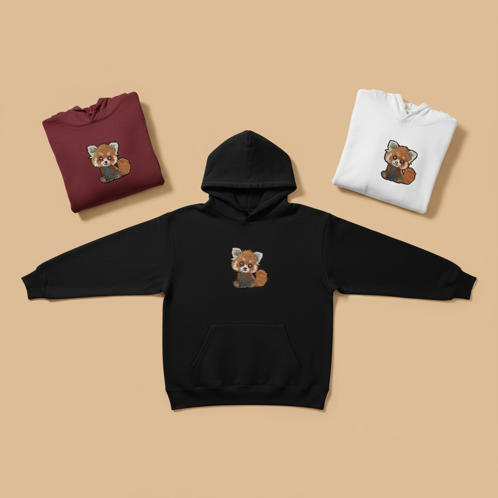 Kawaii Red Panda Machine Embroidered Hoodie – Hand Finished in Dubai | EmbroMania