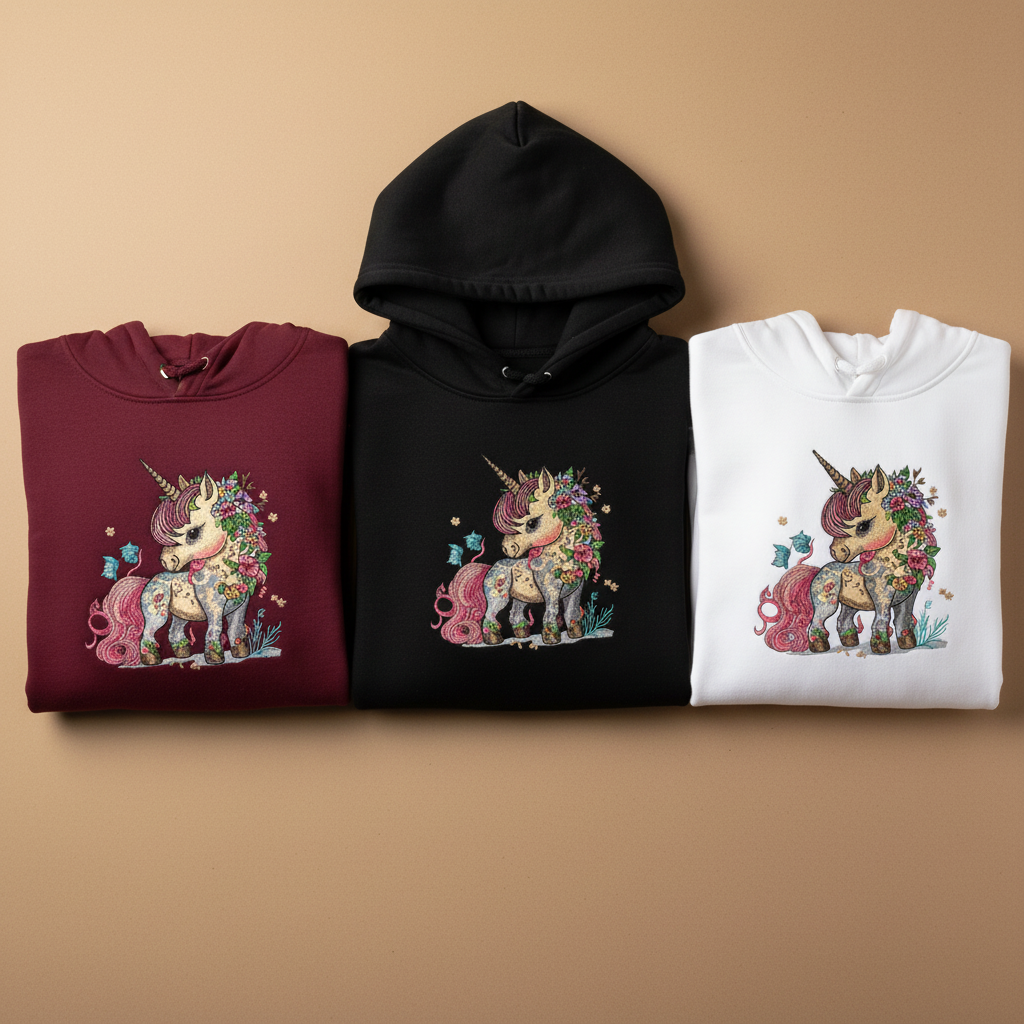 Majestic Floral Unicorn Machine Embroidered Hoodie – Hand Finished in Dubai | EmbroMania