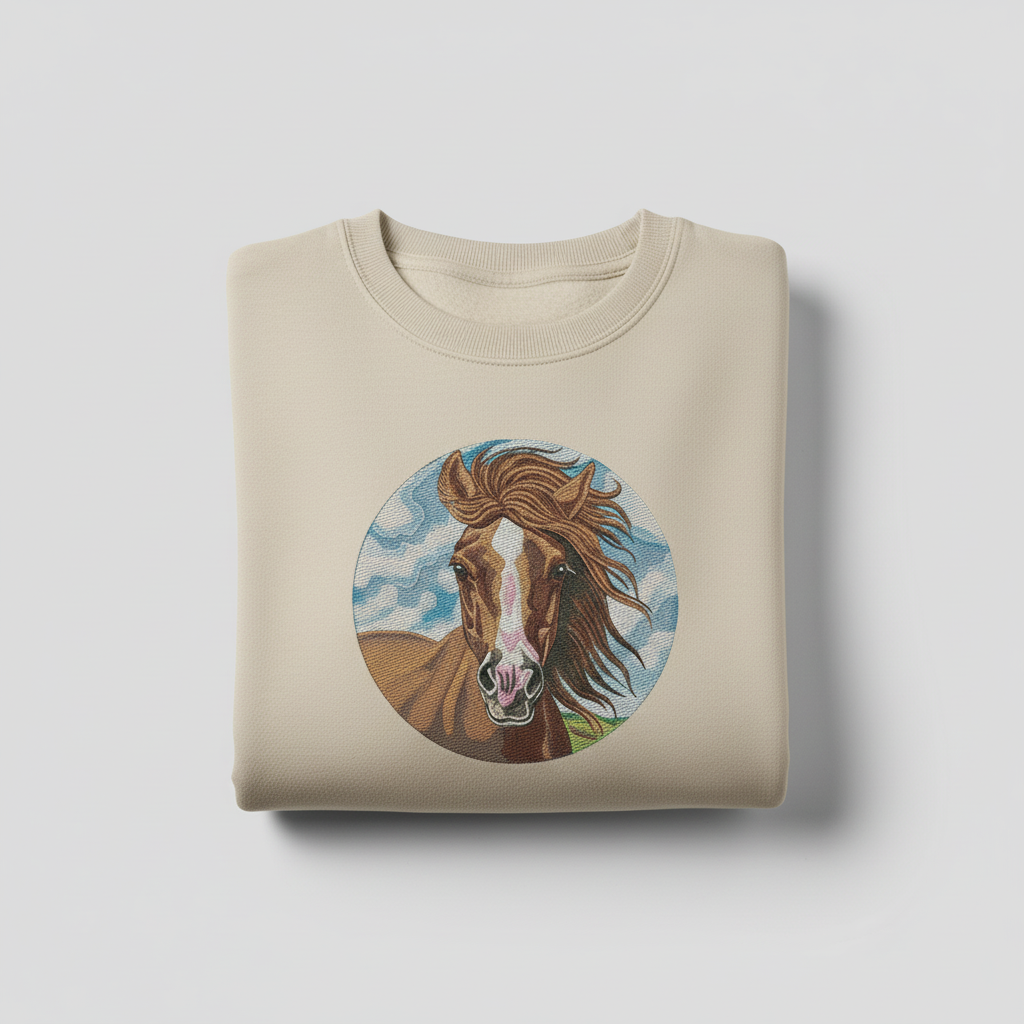 Wild Horse Portrait Machine Embroidered Sweatshirt – Hand Finished in Dubai | EmbroMania