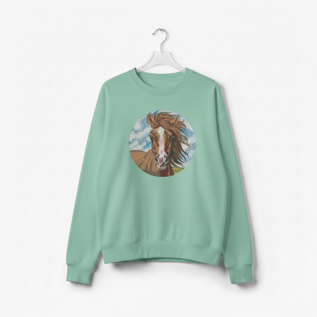 Wild Horse Portrait Machine Embroidered Sweatshirt – Hand Finished in Dubai | EmbroMania