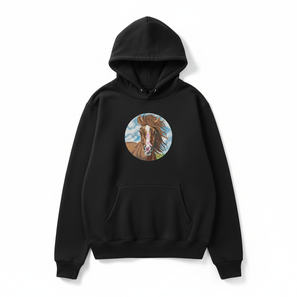 Majestic Horse Machine Embroidered Hoodie – Hand Finished in Dubai | EmbroMania