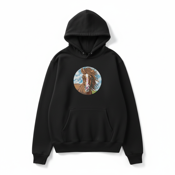 Majestic Horse Machine Embroidered Hoodie – Hand Finished in Dubai | EmbroMania