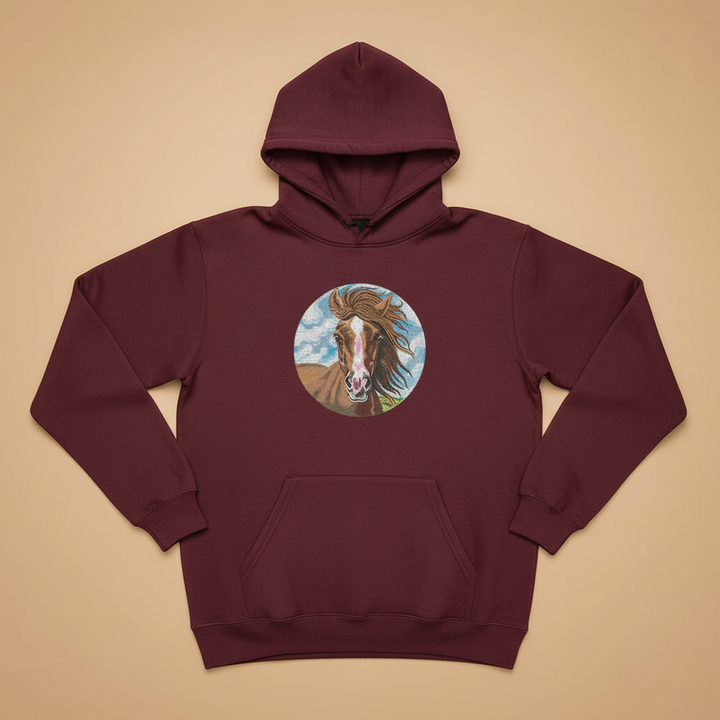 Majestic Horse Machine Embroidered Hoodie – Hand Finished in Dubai | EmbroMania