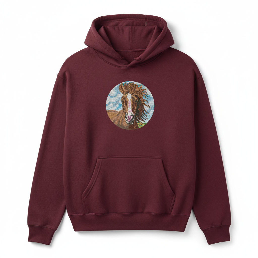 Majestic Horse Machine Embroidered Hoodie – Hand Finished in Dubai | EmbroMania