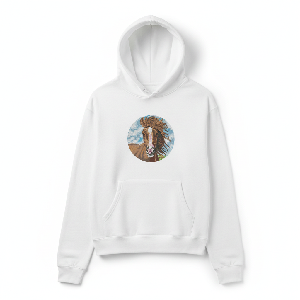 Majestic Horse Machine Embroidered Hoodie – Hand Finished in Dubai | EmbroMania