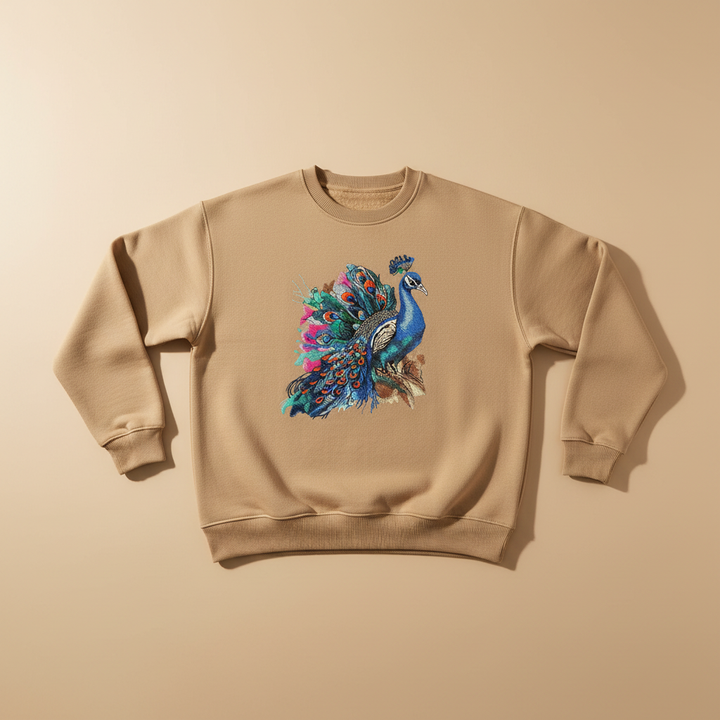 Regal Peacock Machine Embroidered Sweatshirt – Hand Finished in Dubai | EmbroMania