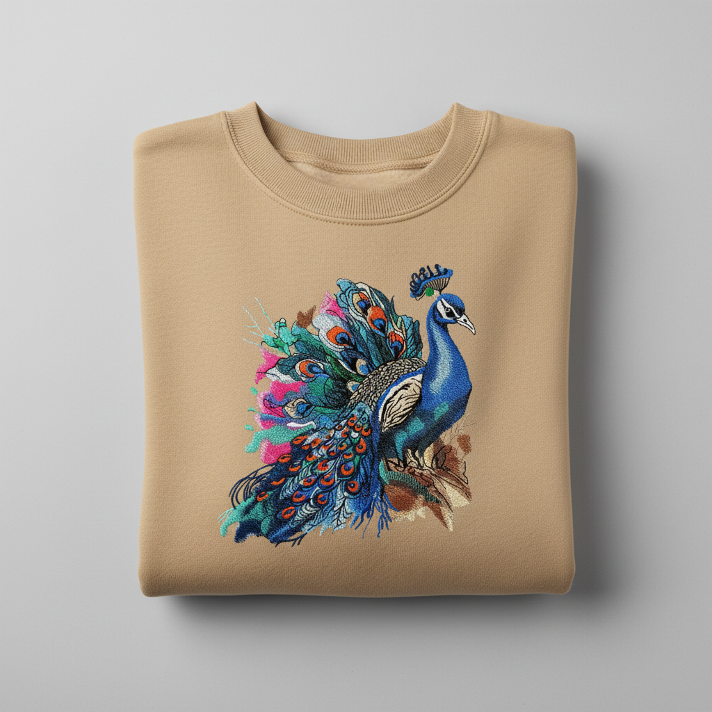 Regal Peacock Machine Embroidered Sweatshirt – Hand Finished in Dubai | EmbroMania