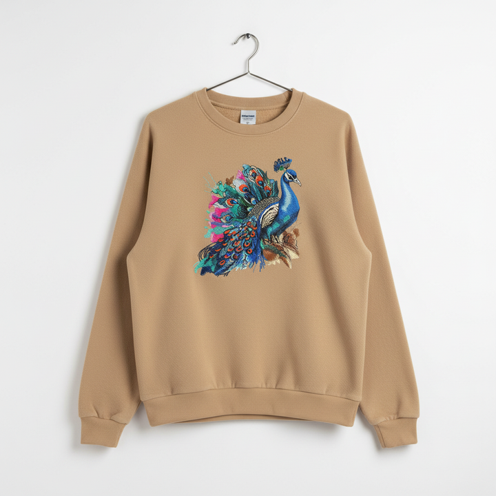 Regal Peacock Machine Embroidered Sweatshirt – Hand Finished in Dubai | EmbroMania
