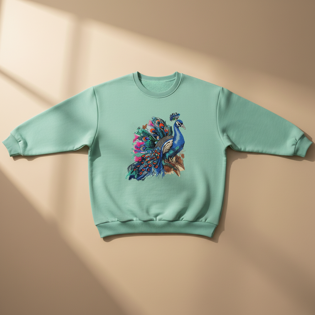 Regal Peacock Machine Embroidered Sweatshirt – Hand Finished in Dubai | EmbroMania