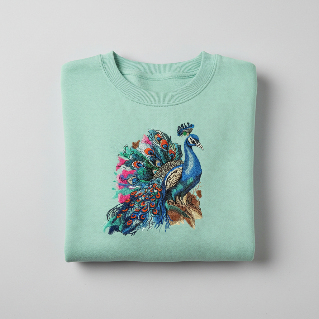 Regal Peacock Machine Embroidered Sweatshirt – Hand Finished in Dubai | EmbroMania