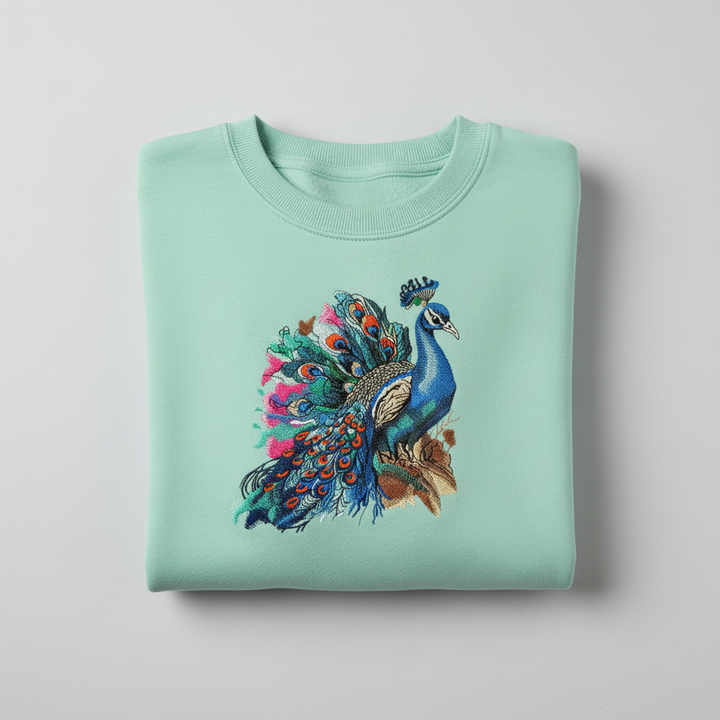 Regal Peacock Machine Embroidered Sweatshirt – Hand Finished in Dubai | EmbroMania