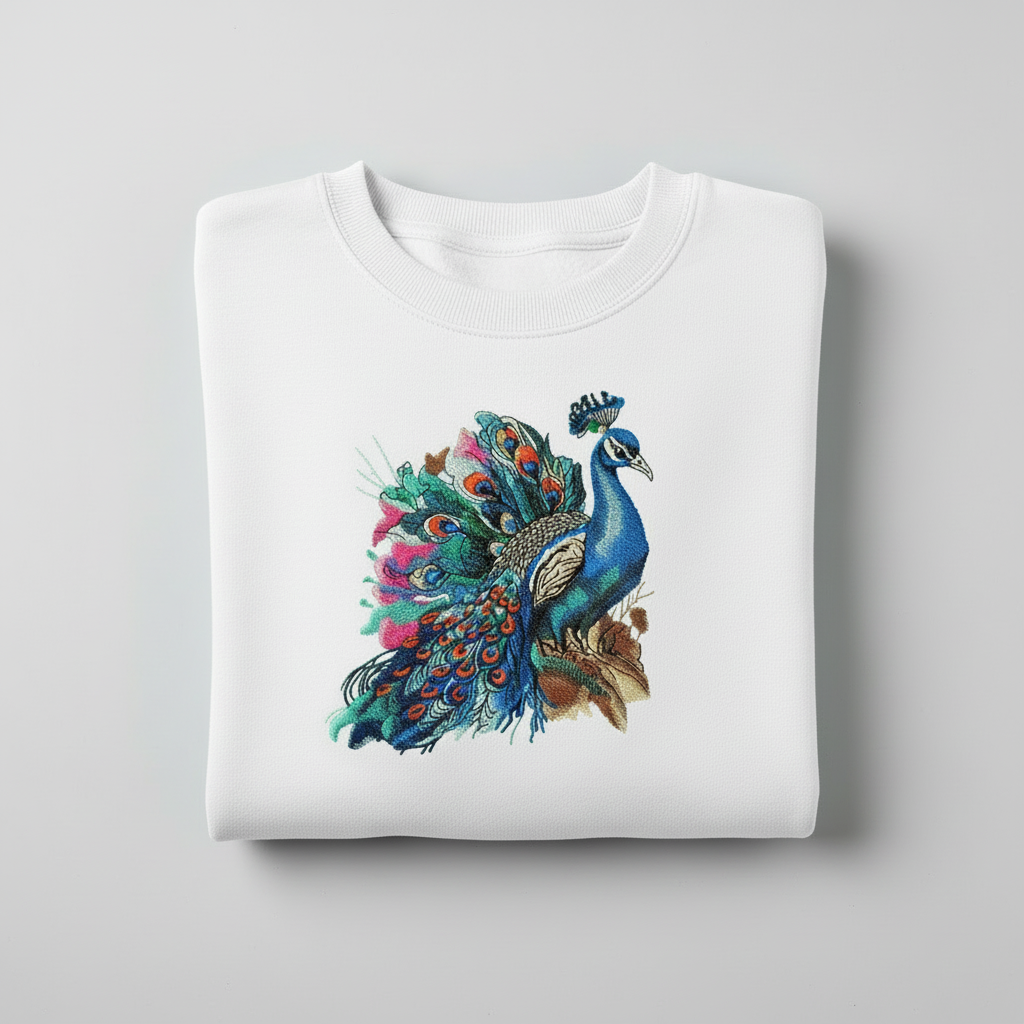 Regal Peacock Machine Embroidered Sweatshirt – Hand Finished in Dubai | EmbroMania