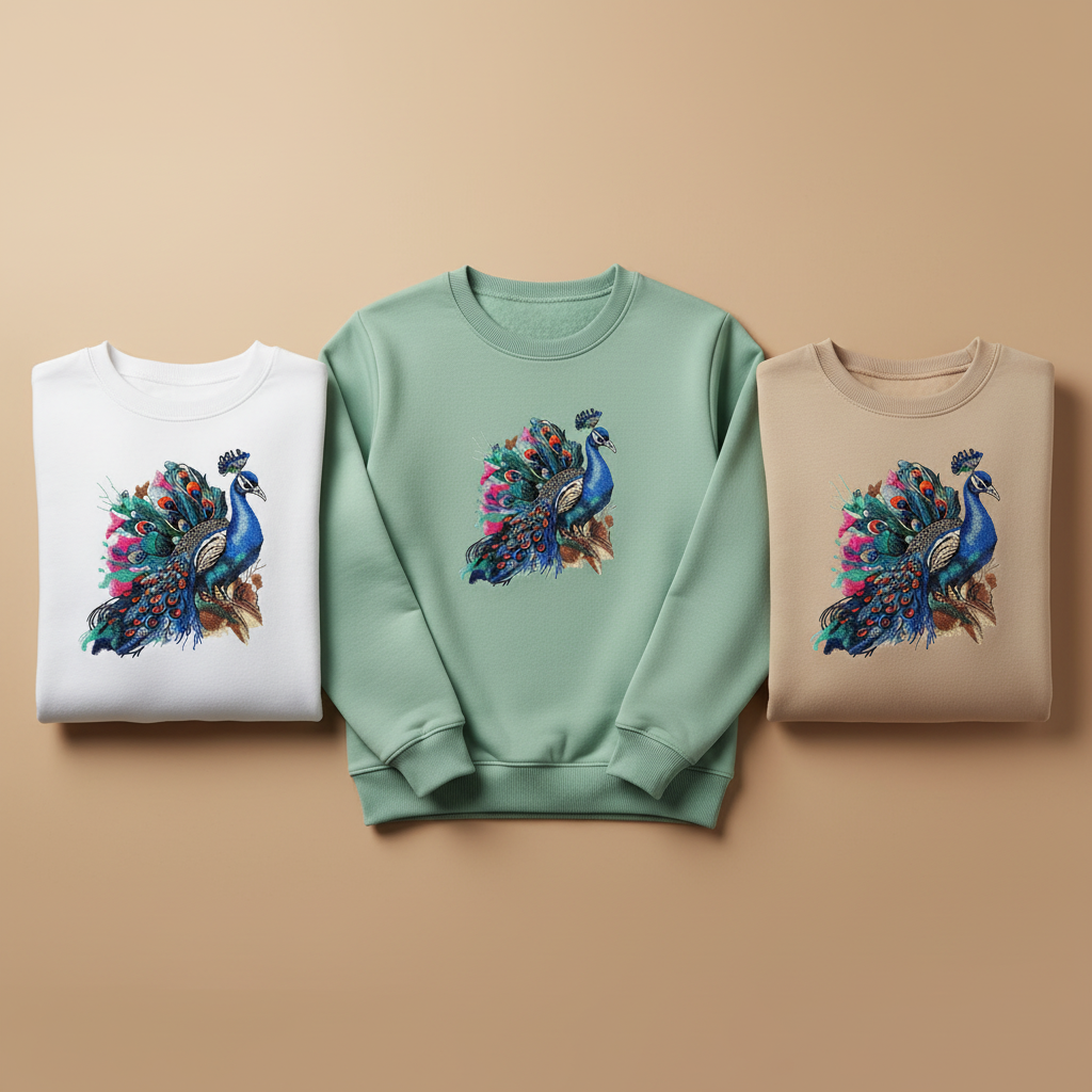 Regal Peacock Machine Embroidered Sweatshirt – Hand Finished in Dubai | EmbroMania