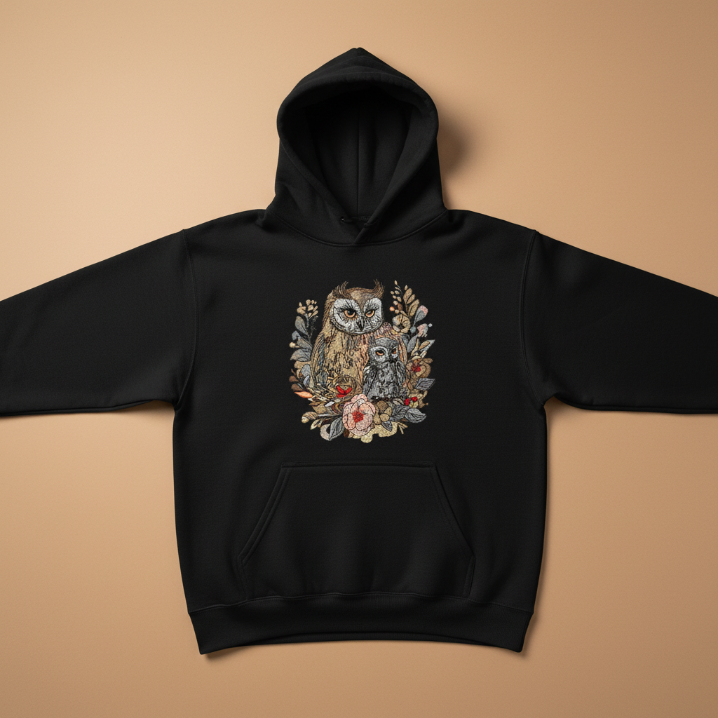 Mama &amp; Baby Owl Machine Embroidered Hoodie – Hand Finished in Dubai | EmbroMania