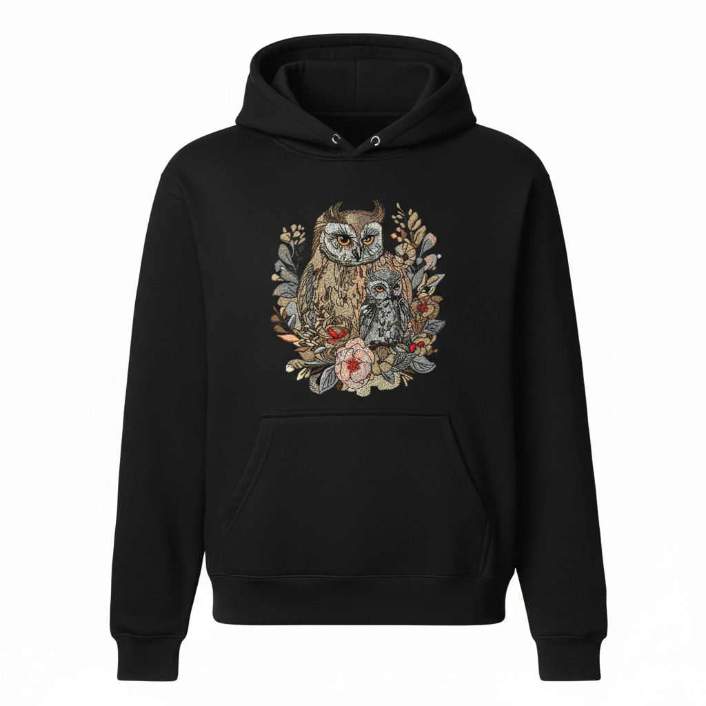 Mama &amp; Baby Owl Machine Embroidered Hoodie – Hand Finished in Dubai | EmbroMania