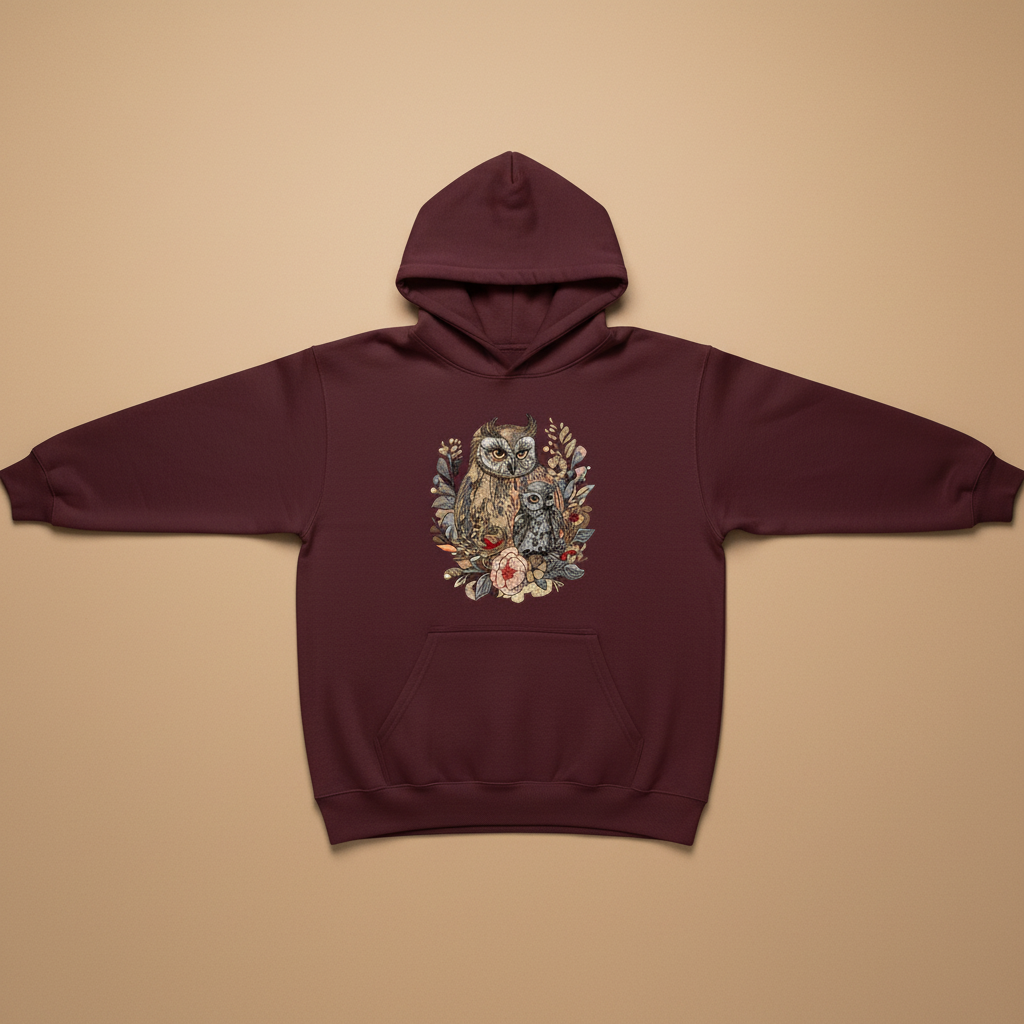 Mama &amp; Baby Owl Machine Embroidered Hoodie – Hand Finished in Dubai | EmbroMania