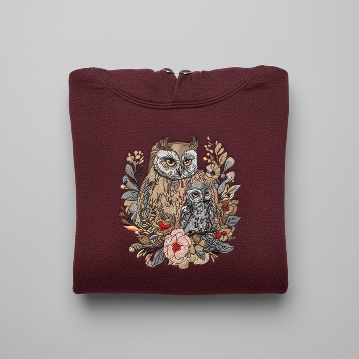 Mama &amp; Baby Owl Machine Embroidered Hoodie – Hand Finished in Dubai | EmbroMania