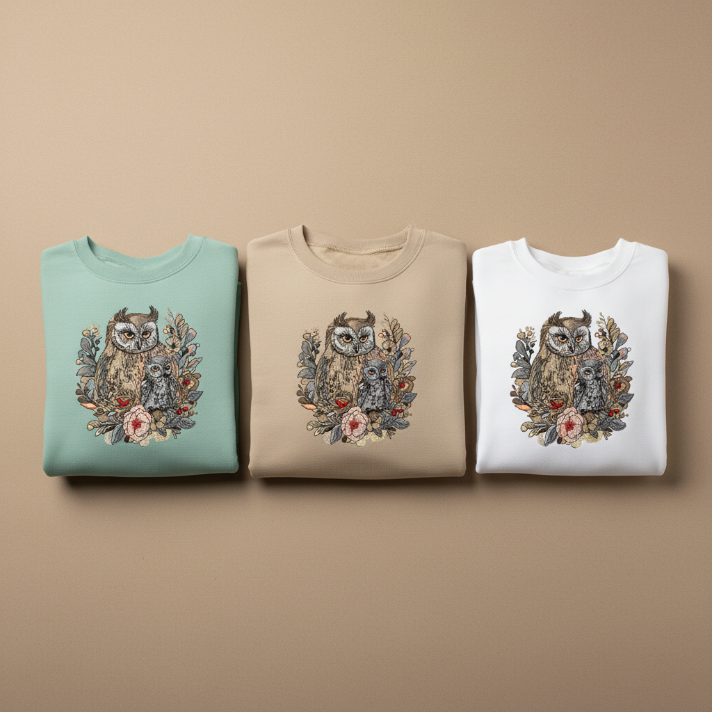 Mama & Baby Owl Machine Embroidered Sweatshirt – Hand Finished in Dubai | EmbroMania