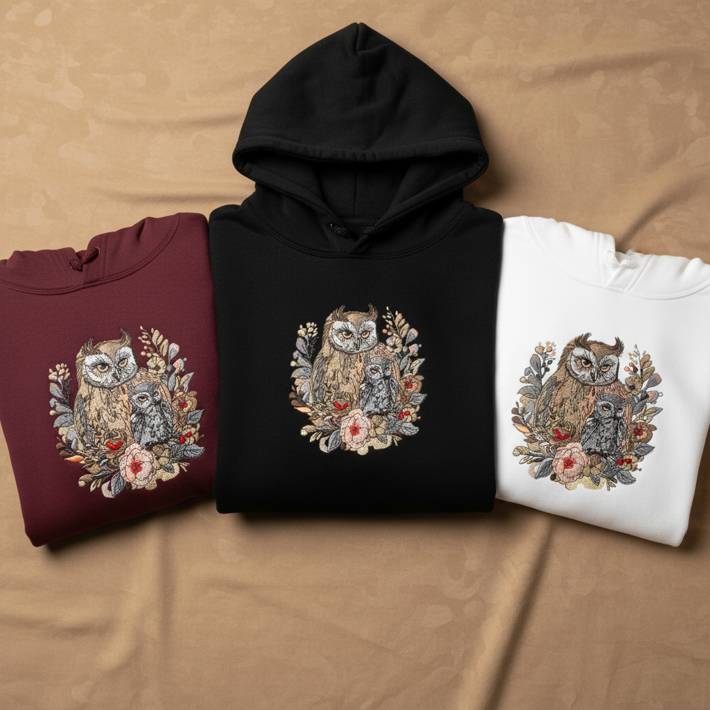 Mama & Baby Owl Machine Embroidered Hoodie – Hand Finished in Dubai | EmbroMania