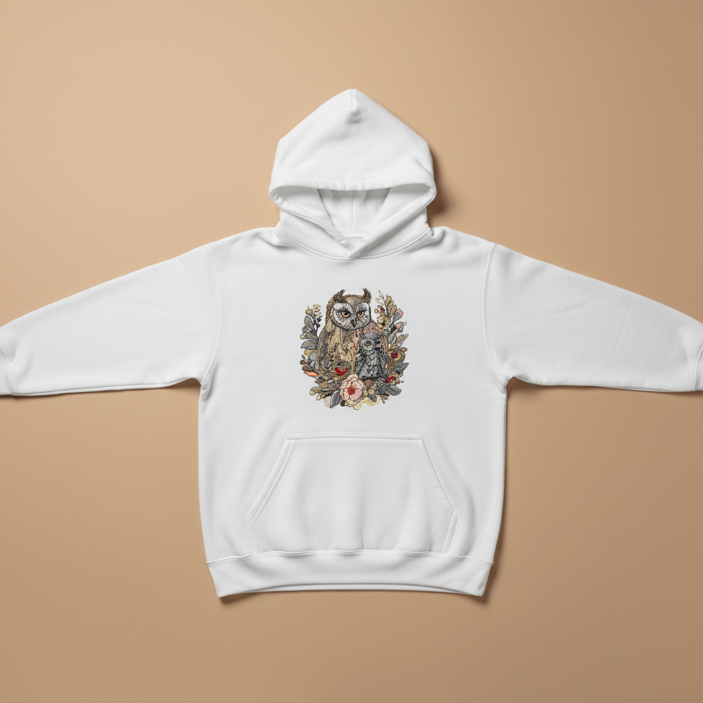 Mama &amp; Baby Owl Machine Embroidered Hoodie – Hand Finished in Dubai | EmbroMania