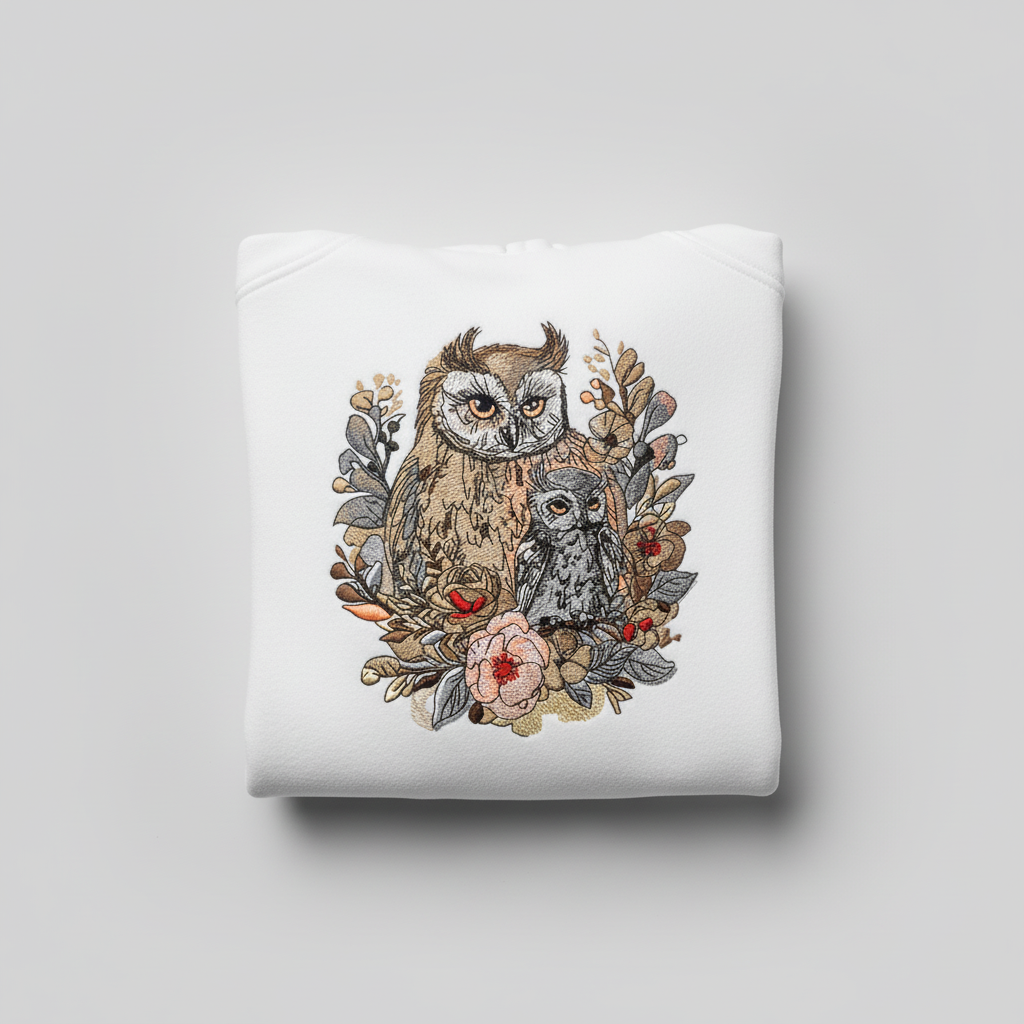 Mama &amp; Baby Owl Machine Embroidered Hoodie – Hand Finished in Dubai | EmbroMania