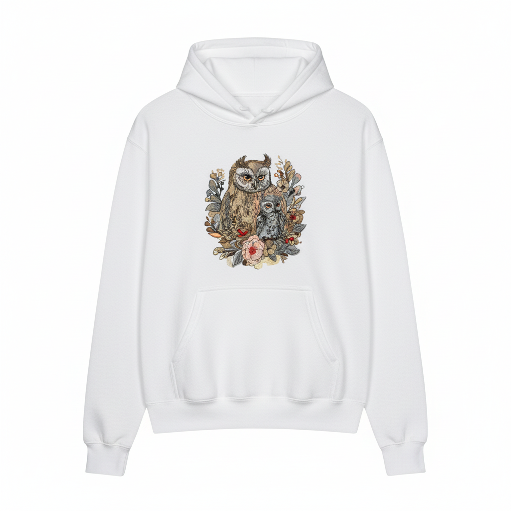 Mama &amp; Baby Owl Machine Embroidered Hoodie – Hand Finished in Dubai | EmbroMania
