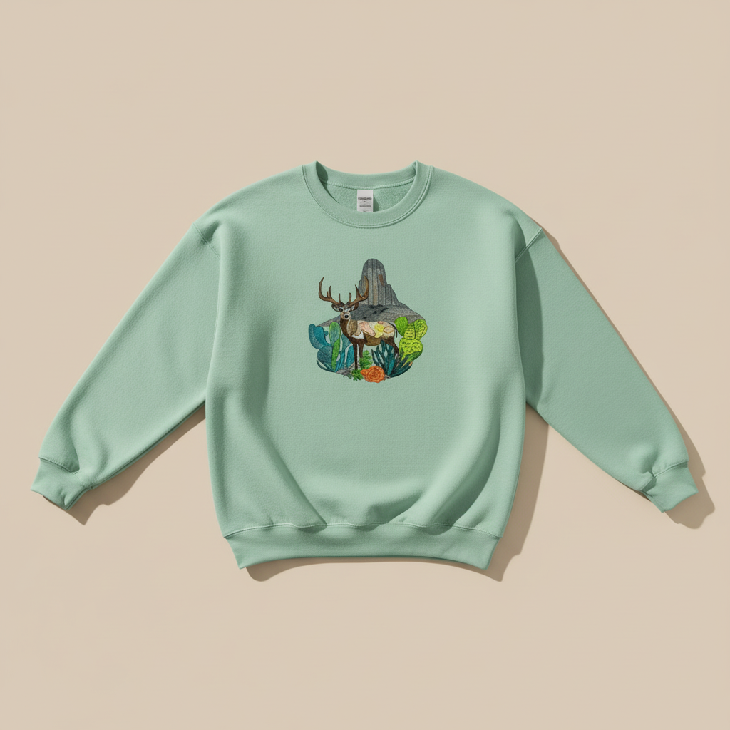 Alpine Desert Fusion Deer Machine Embroidered Sweatshirt – Hand Finished in Dubai | EmbroMania