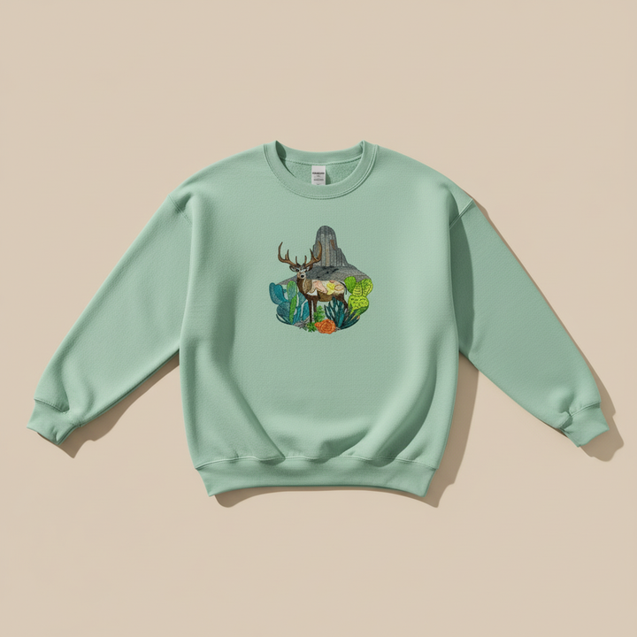 Alpine Desert Fusion Deer Machine Embroidered Sweatshirt – Hand Finished in Dubai | EmbroMania