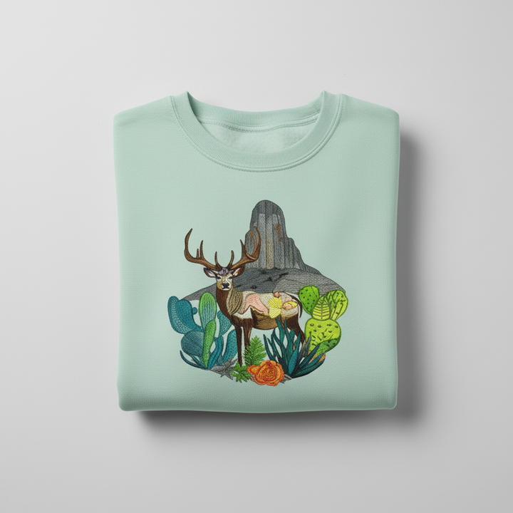 Alpine Desert Fusion Deer Machine Embroidered Sweatshirt – Hand Finished in Dubai | EmbroMania